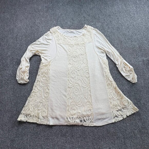 Indigo Soul Top Womens L Ivory Tunic Crochet Lace‎ Overlay Soft Boho Cottagecore - Picture 4 of 12